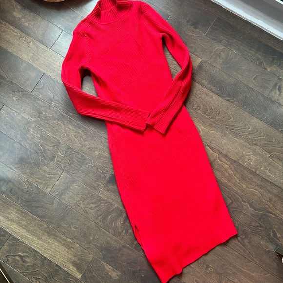 ✨HOST PICK ✨ Mock Neck Red Sweater Dress with Long Sleeves and Asymmetrical Cut - Picture 3 of 7